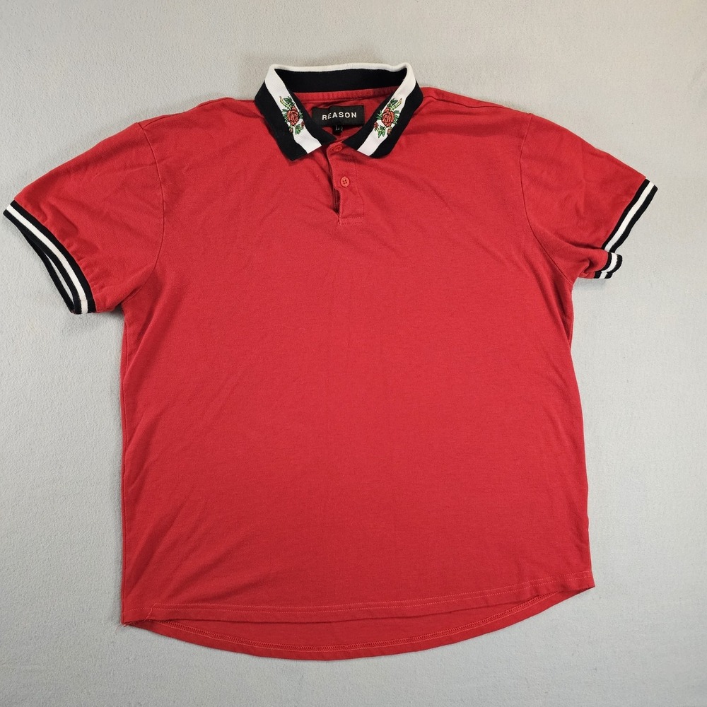 Reason Polo Shirt Mens L Red Good Q8-122 Rose Embroidered Collar Streetwear